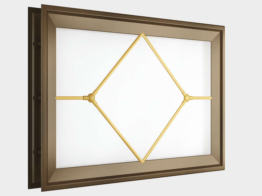 Acrylic window 452 x 302, brown with diamond layout (art. DH85629). The special design ensures a tight fit to the door leaf, which protects it from freezing and heat loss. Stylistic insert in the shape of a diamond. Brown edging.
